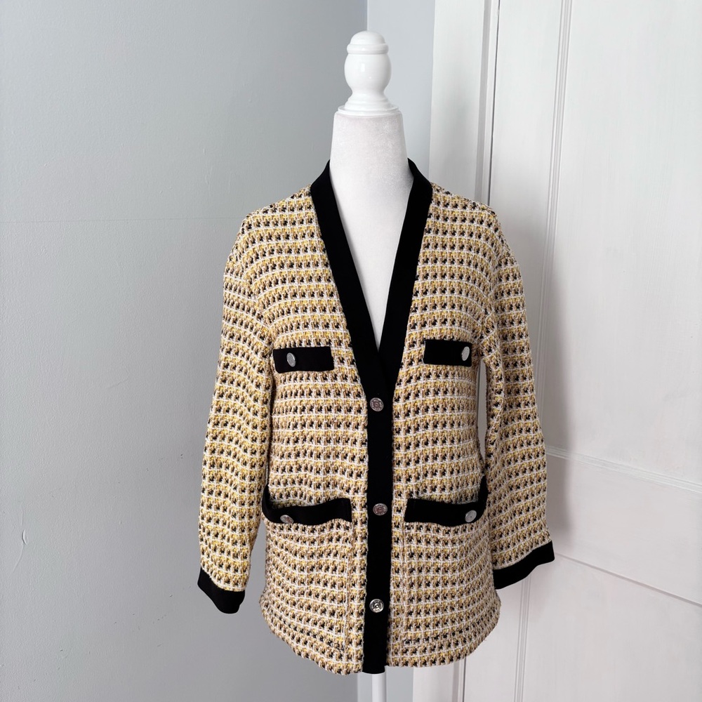 Maje Metallic Cotton Blend Tweed Jacket Button Front Pockets Black Yellow Trim - Picture 4 of 9